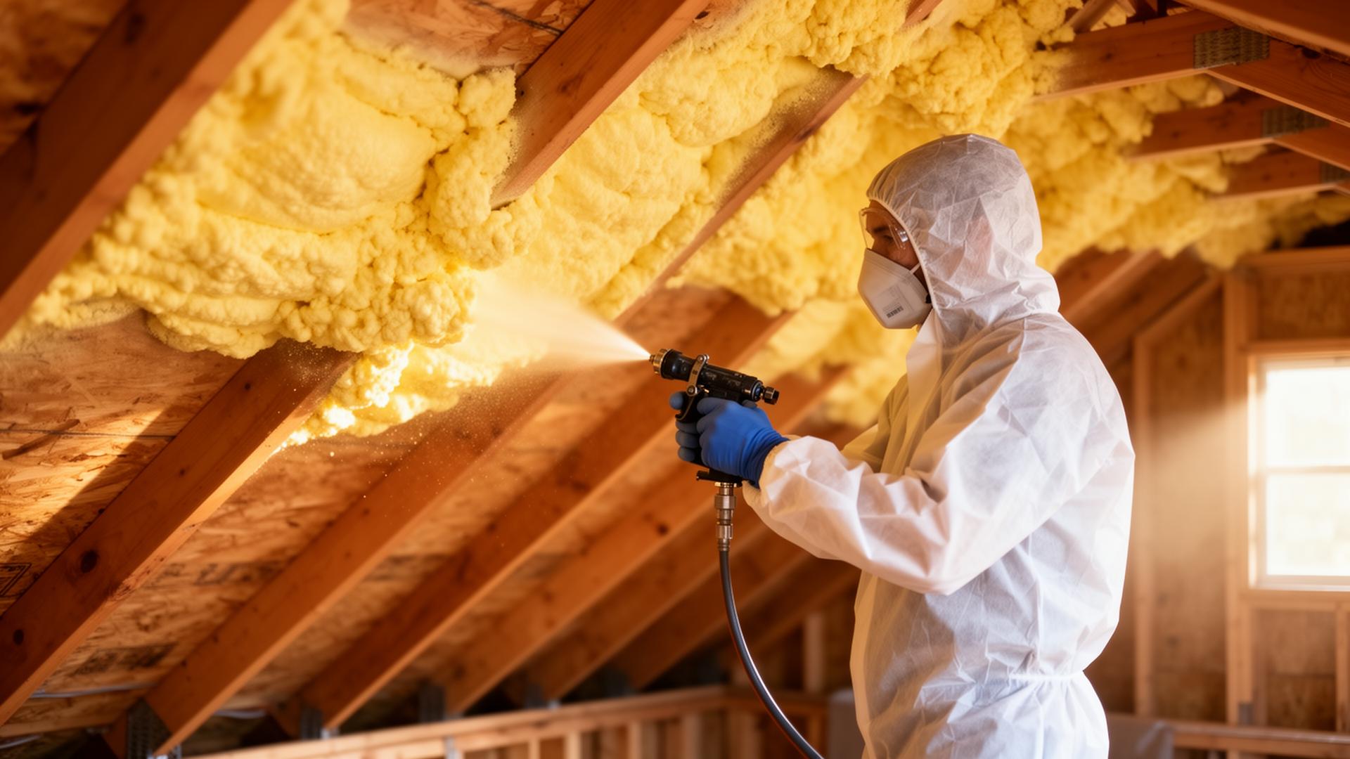 Closed cell spray foam insulation being applied to attic rafters in a Chattanooga home